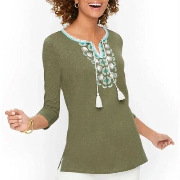 Talbots Top Womens Large Olive Green Embroidered Split Neck Tunic Tassel Boho - Picture 1 of 7